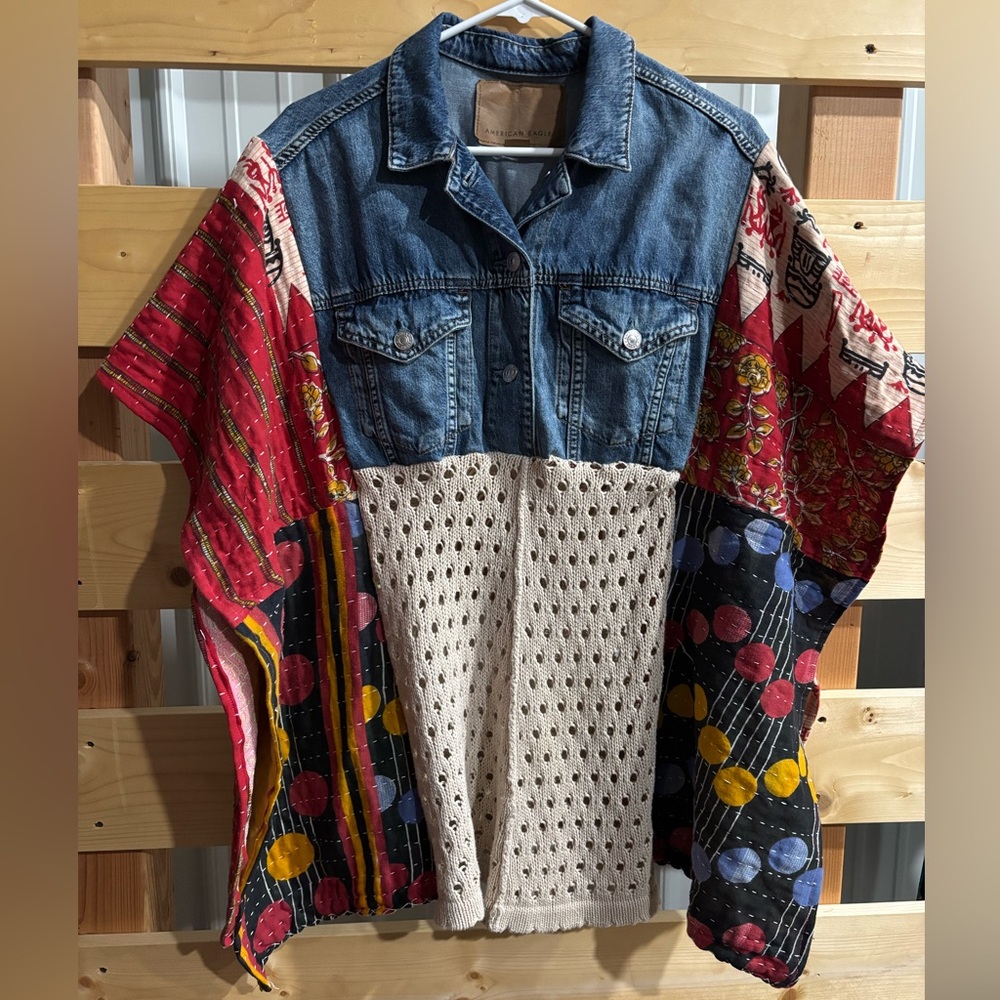 Boho Denim Poncho, UpCycled, Handmade sweater Kaftan Patchwork XXL